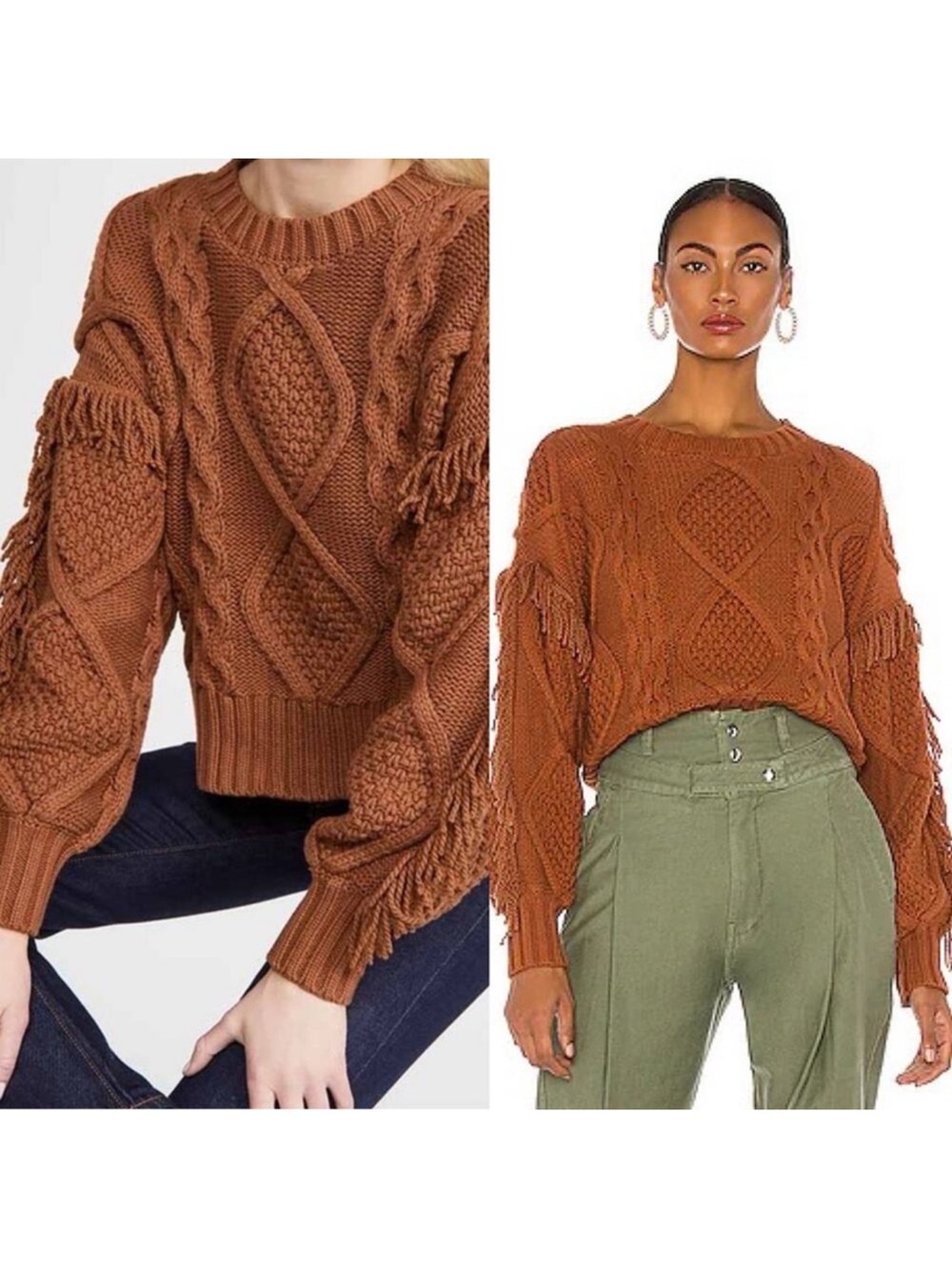 Line & Dot Rust Cable Fringe Crew Sweater